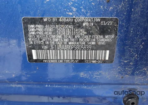 2023 Subaru Wrx из США, поврежденный, VIN JF1VBAA60P9805839